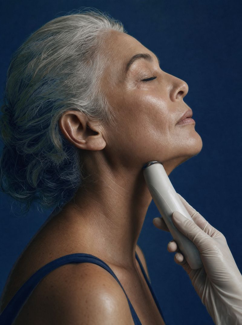 Woman in her sixties in profile as a gloved hand guides a skincare device along her jawline