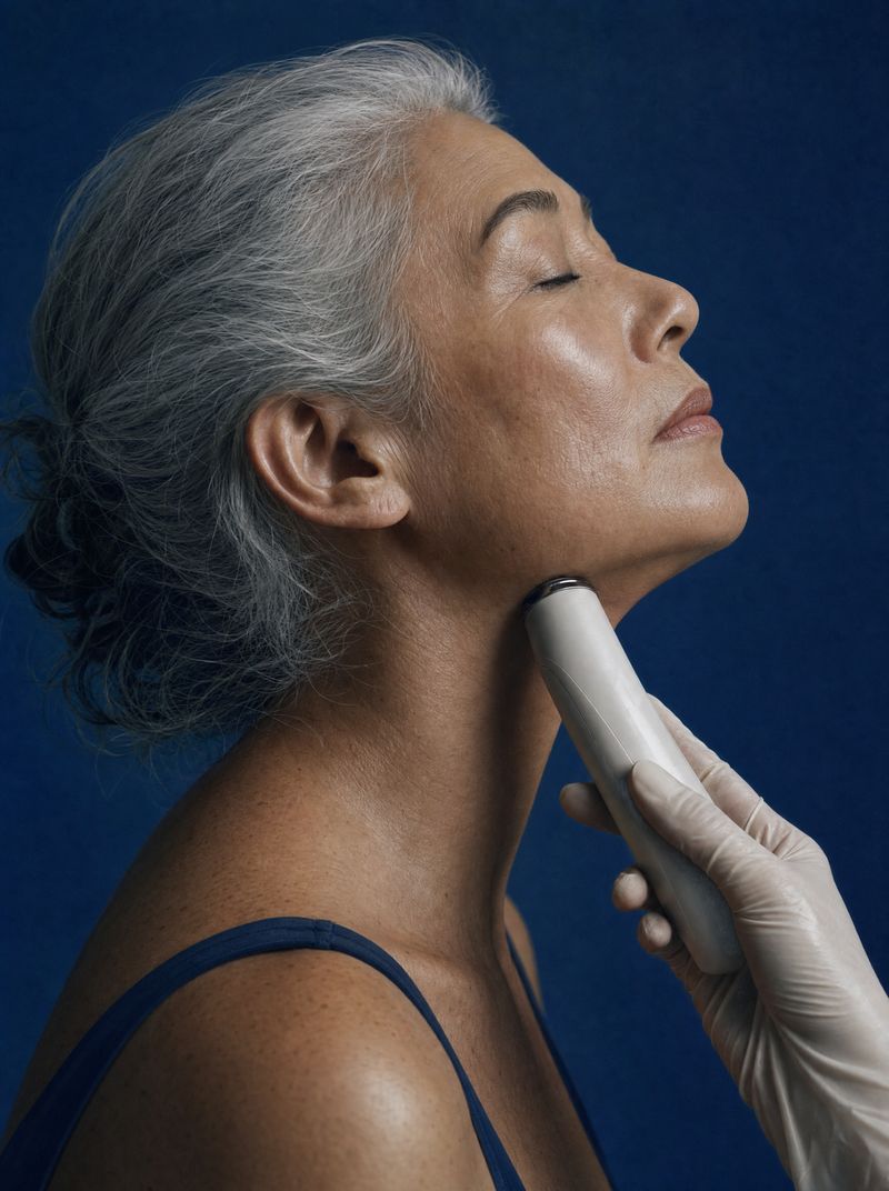 Woman in her sixties in profile as a gloved hand guides a skincare device along her jawline