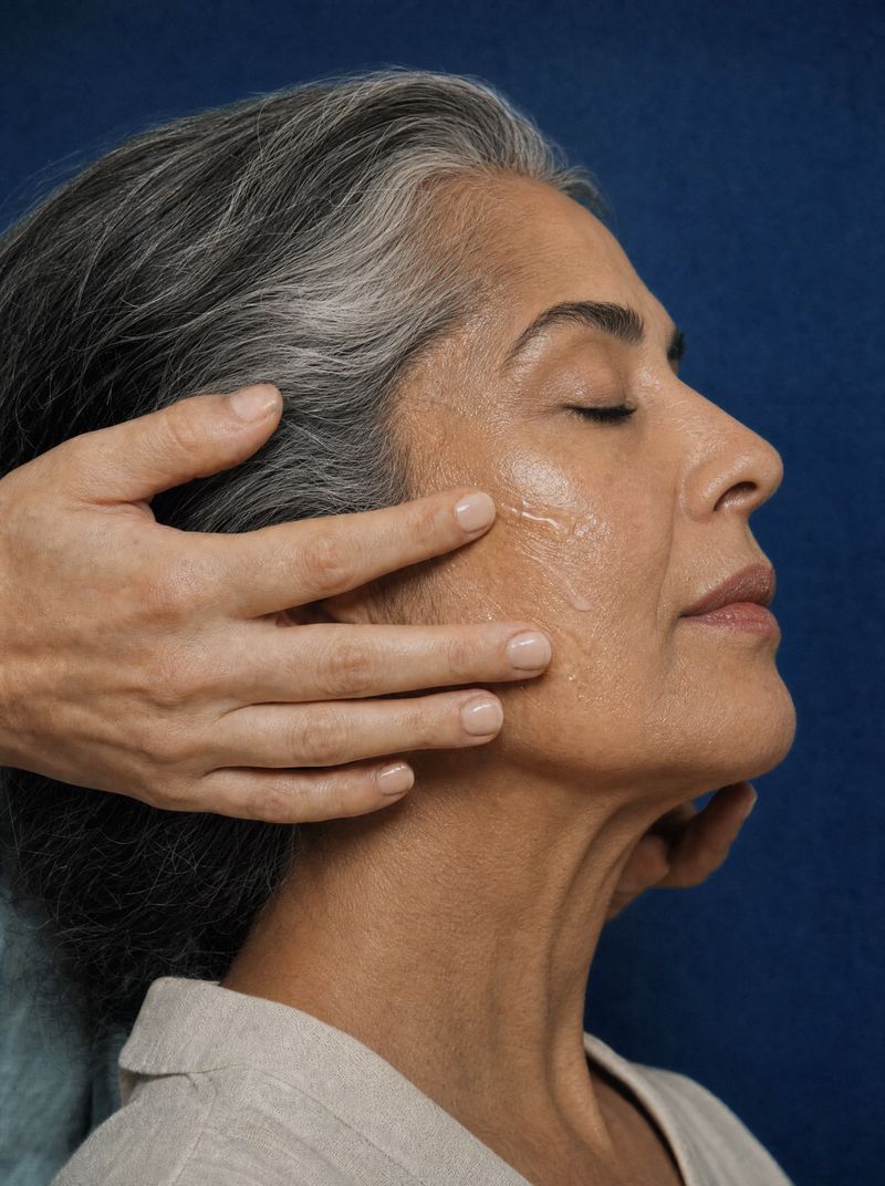 Esthetician smoothing serum along a client’s cheekbone