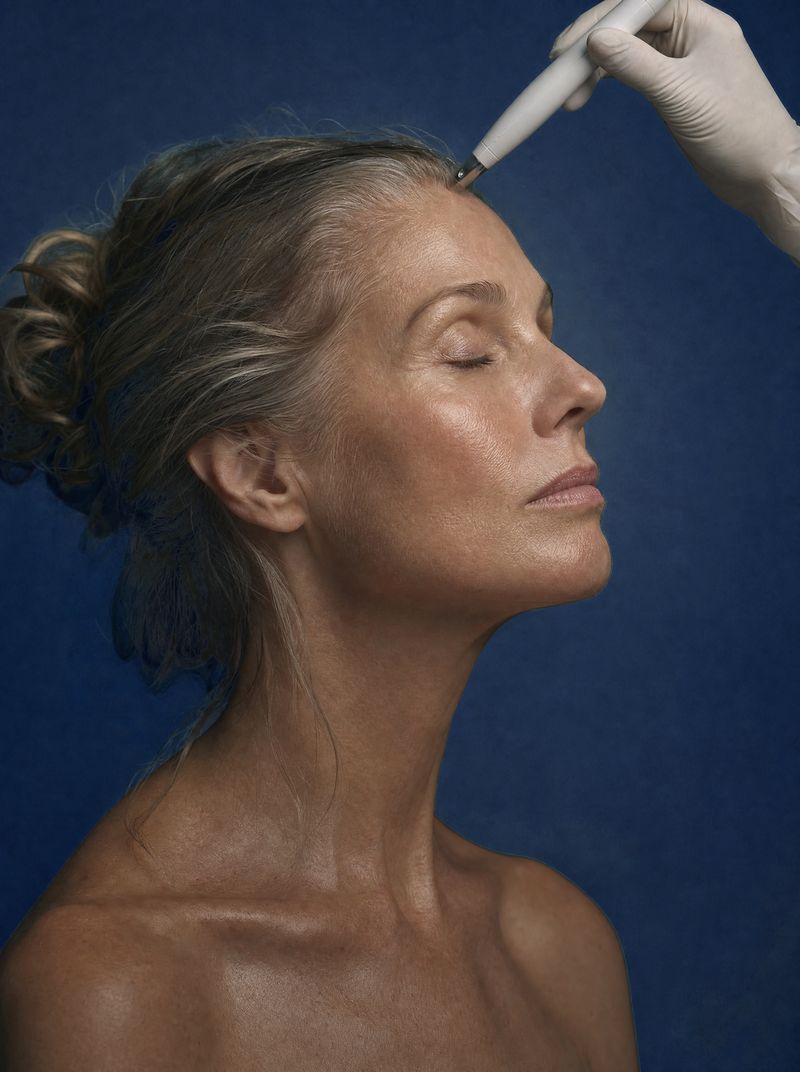 Gloved hand holding a slim skincare device above a client’s forehead