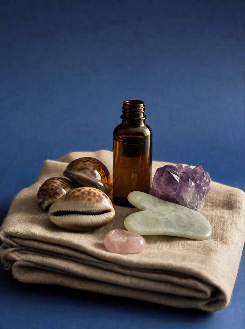 Tiger shells, a jade gua sha stone, rose quartz and amethyst on a folded linen towel